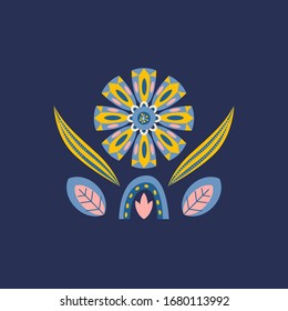 Vector floral composition with ethnic motives on the dark background. Vector pattern Illustration. Artwork for the card, banner, poster, textile and home decor. 