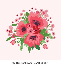 Vector floral composition with field flowers. template for design. Red-pink color palette
