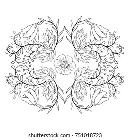 vector floral composition, flowers, buds and leaves of roses, lily and poppy, hand drawn design element, coloring template