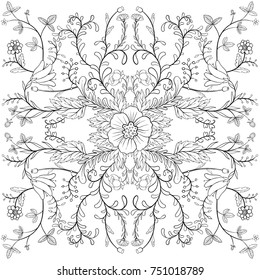vector floral composition, flowers, buds and leaves of roses, lily and poppy, hand drawn design element, coloring template