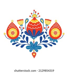 Vector floral composition. Folk flowers with leaves and berries. Isolated on white background. Hand drawn illustration.