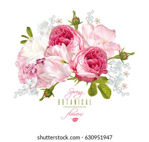 Vector floral composition with garden roses and tulip flowers on white background. Romantic design for natural cosmetics, perfume, women products. Can be used as greeting card or wedding invitation