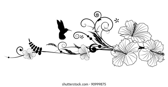 Vector floral composition with hibiscus in black and white colors