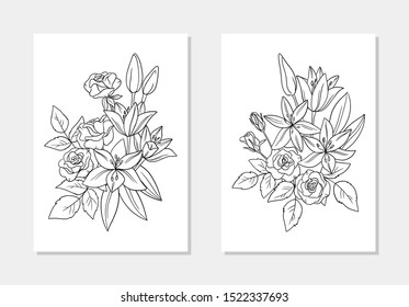 vector  floral composition lily rose flower leaf bouquet coloring page line art outline