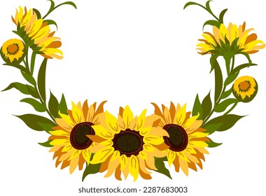 Vector floral composition with sunflowers, leaves, foliage, branches, fern leaves and place for your text.

