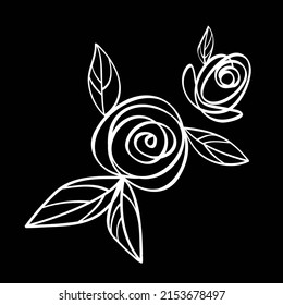 Vector floral composition. SVG for cutting. Rose flower and bud with leaves. The flower is made in a linear style. White rose on a black isolated background.