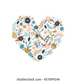 Vector floral concept. Flowers, boho arrows, feathers, wreaths, nature elements and branches in a heart isolated on white background