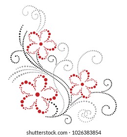 Vector floral corner design. Dotted ornament with red flowers on white background. Decorative picture with flowery elements, pattern. Image for greeting cards and invitations.