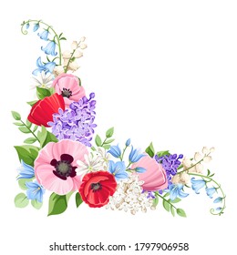 Vector floral corner with red, pink, blue and purple poppies, lilac flowers and bluebells isolated on a white background.