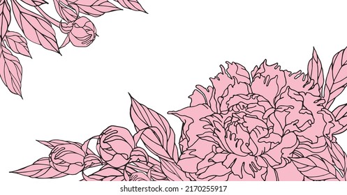 Vector floral corners in pink and black colors. Peony flowers, buds, leaves. Elements for design card, poster, invitation.