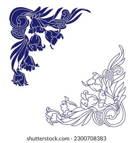 Vector floral corners set, black, blue on white. Eps 10. Vector illustration.