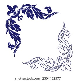 Vector floral corners set, black, blue on white. Eps 10. Vector illustration.