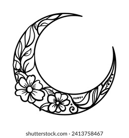 Vector floral crescent moon. Decorative illustration in boho style. Hand-drawn ethnic symbol. For Ramadan Kareem concept.