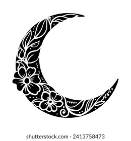 Vector floral luna creciente. Ilustración decorativa al estilo boho. Símbolo étnico hecho a mano. Por el concepto Ramadan Kareem.