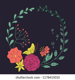 Vector floral cute wreath in hand drawn style. Circle frame.