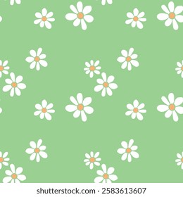 Vector floral daisies seamless pattern in flat style. Cute background, texture for wrapping paper, fabric, holidays or kids design. Topic of blooming nature, summer