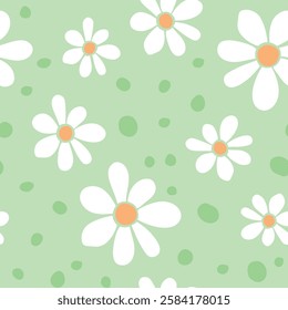 Vector floral daisies seamless pattern in flat style. Cute background, texture for wrapping paper, fabric, holidays or kids design. Topic of blooming nature, summer