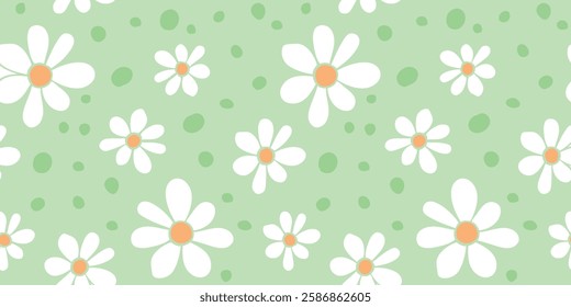 Vector floral daisies seamless pattern in flat style. Cute background, texture for wrapping paper, fabric, holidays or kids design. Topic of blooming nature, summer