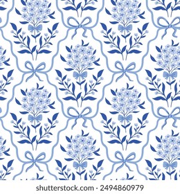 Vector floral damask seamless pattern.  Blue bow and flowers isolated on white background for fabric , wallpaper or wrapping paper. Botanical classic elegance print design.