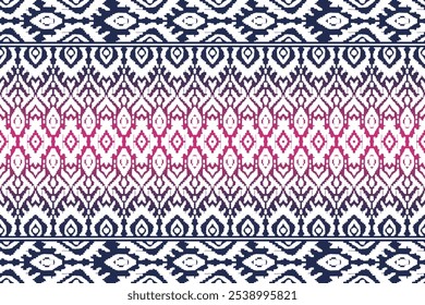 Padrão de damasco floral de vetor sem costura. Arco azul e flores isoladas em fundo branco para tecido, ornamentos geométricos e florais, ikat sem costura.