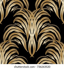 Vector floral damask seamless pattern. Black background wallpaper illustration with vintage gold 3d flowers, scroll leaves, dots and antique Baroque ornaments. Surface elegant texture for design