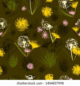 Vector floral dandelions blowballs and daisy bouquets seamless pattern background. Easter and spring design in a creative retro grunge style.