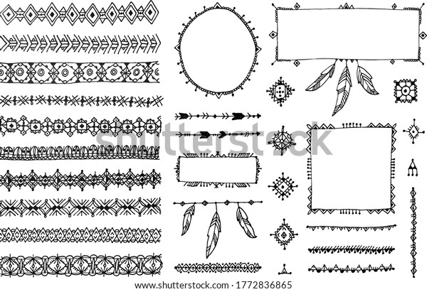 Vector\
floral decor set, collection of hand drawn doodle boho style\
dividers, borders, arrows design elements. Isolated. May be used\
for wedding invitations, birthday cards,\
banners