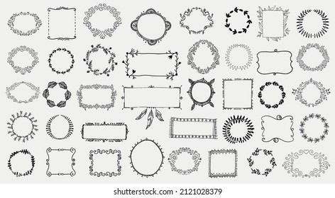 Vector floral decor set of hand drawn doodle frames, wreaths, borders, elements. Isolated