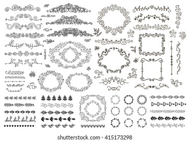 vector floral decor set of hand drawn doodle frames, dividers, borders, elements. Isolated