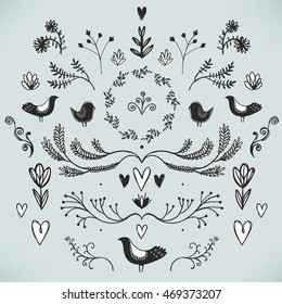 vector floral decor set of hand drawn doodle dividers, borders, birds and flowers. Isolated. Vintage style