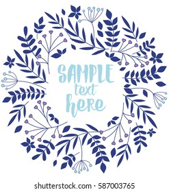 Vector floral decoration branches with leaves in the frame, romantic background with place for text