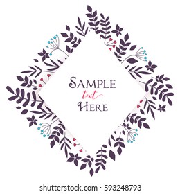 Vector floral decoration branches with leaves in the frame, romantic background with place for text