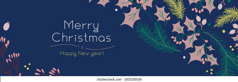 Vector floral decoration with Christmas botanical pattern for background. New Year wallpaper design. Xmas fair flyer with organic flat decorations. Template banner of winter sale.