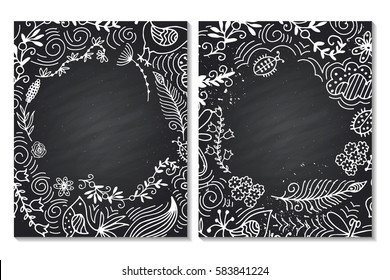Vector floral decorative background. Template frame design for card with place for your text. Chalk board. White on black.