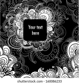Vector floral decorative black and white background. Template frame design for card with place for your text. 