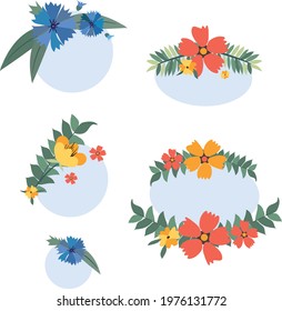 Vector floral decorative element or composition with red and yellow and blue flowers for border, template, frame, label, postcard, print. Floral postcard, print, illustration. Clip art. 