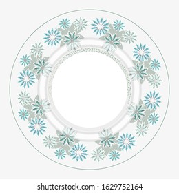 Vector floral decorative pattern in a circle. Decoration of a round frame, plate, flat dish northern motif. Stock illustration isolated on white background, closeup.
