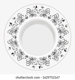 Vector floral decorative pattern in a circle. Decoration of a round frame, plate, flat dish. Stock illustration isolated on white background, closeup.