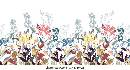 Vector floral decorative seamless pattern, border. Yellow, grey, pink, blue flowers, colorful twigs and leaves isolated on a white background.