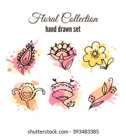 Vector floral decorative set. Colorful splashes under flower. Herbs and wild flowers. Abstract hand sketched floral collection. Cute flowers and leaves branches for invitation card. Floral vector set.