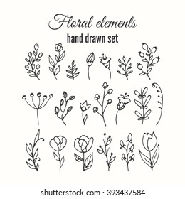 Vektor Blumendekoration Set. Kräuter und Wildblumen. Abstrakte, handgezeichnete Blumensammlung. Schöne Blumen und Blätter Äste für Einladungskarte. 