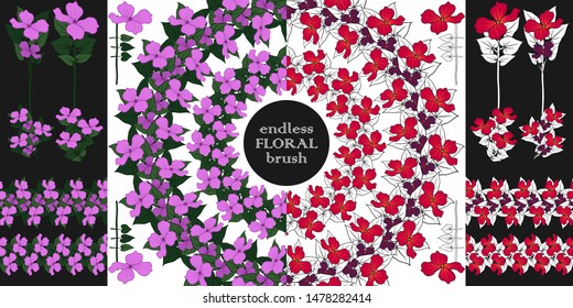 Vector floral decorative set of seamless floral brush, borders and elements. Hand draw template for romantic and wedding design, postcard and festive poster. 