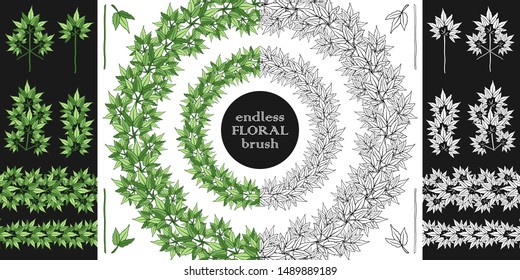Vector floral decorative set of seamless floral brush, borders and elements. Hand draw template for romantic and wedding design, postcard and festive poster. 