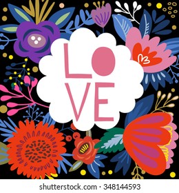 Vector floral design of floral background and hand drawn letters "Love"