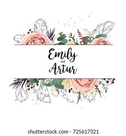 Vector floral design card boho art wedding watercolor Invitation card design: floral garden pink lavender Rose flower green eucalyptus agonis leaf hand drawn line feathers, bead. Bohemian frame invite Vector floral design card boho art wedding watercolor Invitation card design: floral garden pink lavender Rose flower green eucalyptus agonis leaf hand drawn line feathers, bead. Bohemian frame invite