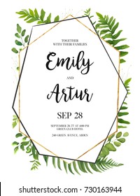 Vector Floral Design Card. Green Fern Forest Leaves Herb Plant Greenery Mix. Natural Botanical Greeting Wedding Invitation, Invite Template. Geometrical Polyhedron, Golden Frame Border With Copy Space