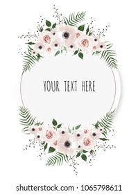 Vector floral design card. Greeting, postcard wedding invite template. Elegant frame with rose and anemone.