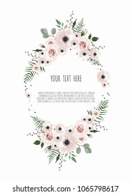 Vector floral design card. Greeting, postcard wedding invite template. Elegant frame with rose and anemone.
