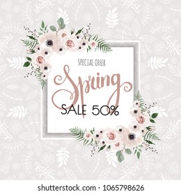Vector floral design card. Greeting, postcard wedding invite template. Elegant frame with rose and anemone.