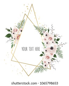 Vector floral design card. Greeting, postcard wedding invite template. Elegant frame with rose and anemone.